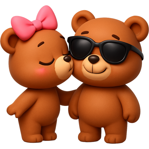 a full body brown bear with a pink bow giving another full body brown bear with glasses a kiss on the cheek while she’s blushing and he’s smiling and wearing sunglasses