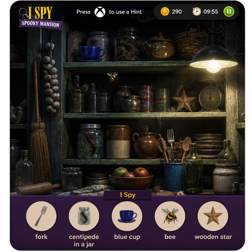 I spy spooky mansion xbox video game gameplay kitchen pantry i spy riddle I spy a fork, a centipede in a jar, a cup that's blue, a bee, and a wooden star.
