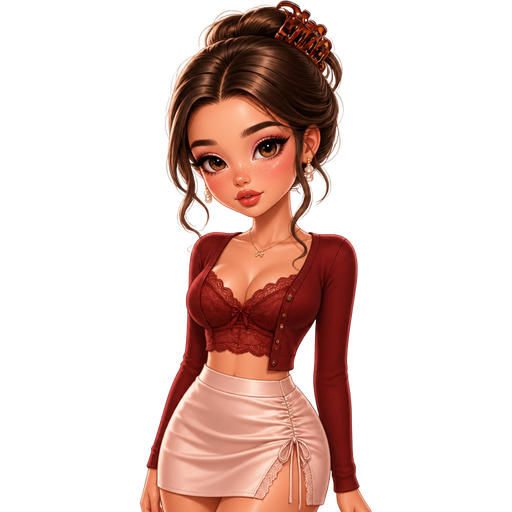 semi-realistic soft cartoon luxury glam, mini plush Bratz-doll aesthetic, cinematic glow, crisp clean detail, glossy glam skin. brown eyed Petite 5ft girl, fair skin with soft freckles, wide face with tall forehead, honey-brown almond wide-set upturned eyes, fluttery lashes, shimmer highlight, plush lips, bottom heavy lip, sweet Belle-princess vibe, long straight brunette hair with visible caramel highlights, wearing a crimson fitted micro cardigan over a matching lace bralette, a blush-nude satin mini skirt with side ruching and tiny bows, pearl-drop earrings, hair in a polished claw-clip updo with curled tendrils, makeup with a classic black wing, pink shimmer lids, rosy blush, and a strawberry nude gloss