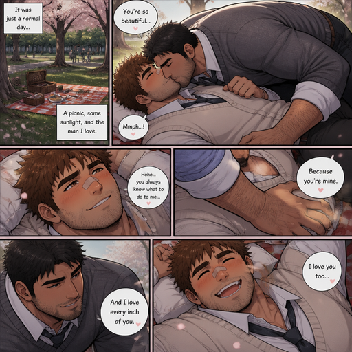 A REALISTIC AND LIFELIKE Comic book long Story of a Bulky but Muscular ANIME Cute Bara Man With Peach toned skin Who looks Normal and a huge and Masculine round facial Structure and Basic facial structure With Puffy and Big Pecs that are visible through the shirt and Biceps and Bandaid on his nose and Brown Spiky hair and His Hair Curls At the tip of strands and FLUFFY HAIR. Wearing a white shirt and sweater with pants a Tie and Rolled up sleeves and has a HAIRY MANLY body and Small stubble beard. with his boyfriend and they look perfect and He so happy heS gorgouses and the boyfriend kisses at the Picninc while pinning him