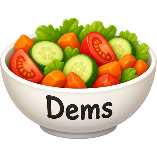 Dans un bol avec écrit Dems mais des tomate coupé de la salade et des concombres coupé en tranche avec de la carotte en morceaux