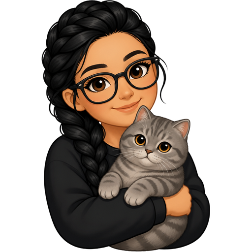light tan woman with black hair French braid and glasses holding a grey tabby British Shorthair cat in her arms
