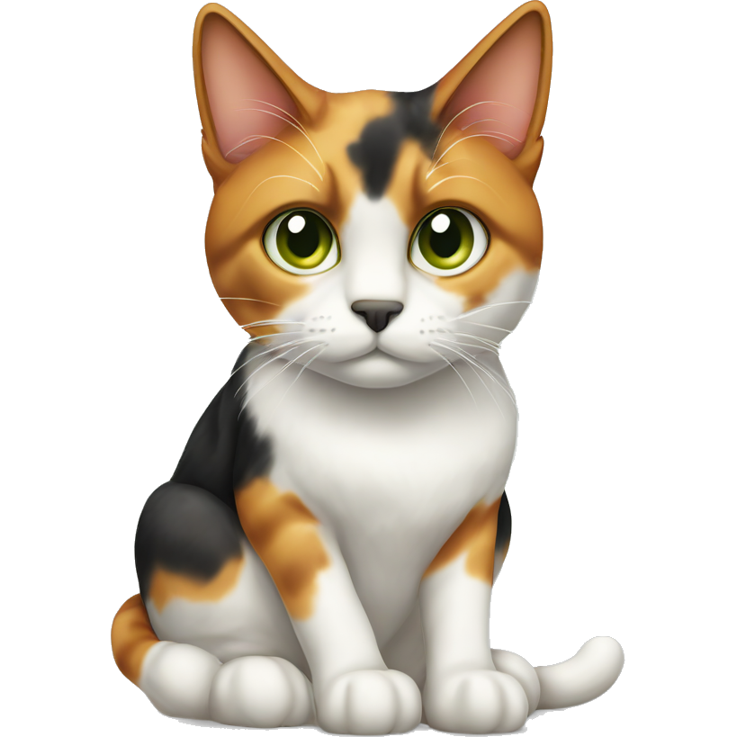 a calico cat with a mix of white, orange, and black fur. It has greenish eyes, large pointed ears, and a slightly serious or sleepy expression. The fur pattern is asymmetrical, with darker patches on the back and tail. In a sitting position, the cat appears relaxed but alert. The overall look should convey a calm and observant demeanor with a slight hint of curiosity.
