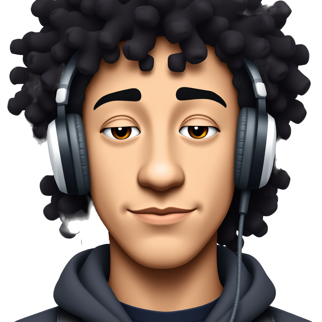 A teenager with a long face, black light beard, sharp nose, sleepy eyes and black curly hair wearing Apple headphones