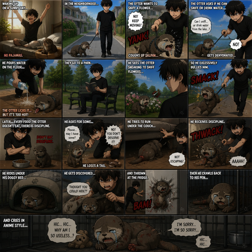 Waking up in the morning on a Sunny day and no cin pajamas and his pet otter but Excessively bully’s it. in the neighborhood and the Otter wants to stop and sniff a flower but he yanks the leash and the Otter coughs up Saliva and the otter asks if he can sniff a drink water from the lake but he’s says no and gets dehydrated and he pours what we on the floor and the otter licks it but it’s to hot. But They go to a park and he sits down and reads a book and can see the otter trying to secretly sniff flowers so he Excessively bullies him. Then later Every food the otter doesn’t eat there are is discipline. and asks for some and the looses a tail and tries to run under the couch but stops him. And the otter Receives Discipline that. And hides under his Doggy bed and gets discovered and thrown at the fridge. And then he crawls back to his pens and cries