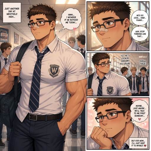An Anime Comic book storyManly and Masculine Buff with the Perfect Physique and Bigger in muscle size than most guys but not to big ANIME Cute Bara Man Who looks Normal and American High schooler build and not to grown up with a round facial Structure and Basic facial structure With Puffy and Big Pecs that are visible through the shirt and Biceps and Bandaid on his nose and Short hair that makes him look Tough. Wearing a School Uniform with a Logo and Glasses. And Is walking in the Hallway Looking Dreamy but Shy