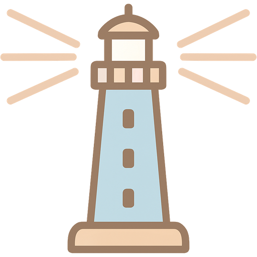 Modern lighthouse emoji. The light is shining bright on both sides. The light is coming directly out of the lighthouse graphic. The light shining is lines. the colors are a very light and muted pastel blue and a tan color. The color scheme matches a beach.