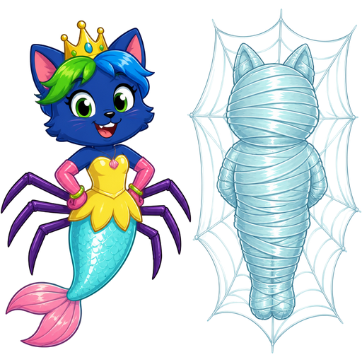 smiling dark blue boy cat furry with green and blue hair wearing golden crown green braclets attached to pink long rubber gloves yellow dress tucked in a light cyan mermaid tail with white highlights with pink tail fins with purple spider legs on the left next to fully completely covered covered encased enveloped with ten layers of light cyan spider slik wrappings mummified and cocooned and webbed shaped like bluey heeler whole completely covered encased enveloped with ten layers of light cyan spider slik wrappings cocoon whole head whole body whole arms and whole legs completely covered wrapped up and mummified from head to toe in ten layers of light cyan spider slik wrappings shaped like whole bluey Heeler with arms behind back and legs bonded together completely covered encased enveloped in with ten layers of light cyan spider slik wrappings cocoon tightly with white highlights mummy shaped like whole bluey Heeler with arms behind back and legs bonded together completely covered encased enveloped with ten layers of light cyan spider slik wrappings cocoon with white highlights tightly in a light cyan spider web on the right