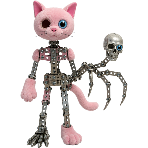 toy pink cat head one of the blue eyes are missing on left toy pink cat paws skeleton like body made of Erector Set pieces toy pink cat tail with robotic skull head with blue doll eye on left eye socket 3 spider like legs made of Erector Set pieces 2 endoskeleton feet 1 toy pink cat foot