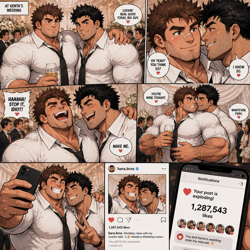 A REALISTIC AND LIFELIKE Comic Book long Story of a Bulky but Muscular ANIME Cute Bara Man With Peach toned skin Who looks Normal and a huge and Masculine round facial Structure and Basic facial structure With Puffy and Big Pecs that are visible through the shirt and Biceps and Bandaid on his nose and Brown Spiky hair and His Hair Curls At the tip of strands. Wearing a tucked in white button up shirt and his abs are lean so you CAN‘T see them through the shirt AND Jeans with a Tie and has a Hairy body. And has huge Hands and Massive arms and looks HOT with his friend (that looks like him but Black instead of brown hair and Has A Chain on and is also Peachy skin). at a someone‘s wedding, his Friend and they flirt as he cuddles him around the waist as friends They Laugh and they goof off and take a picture and posting it and Get millions hearts