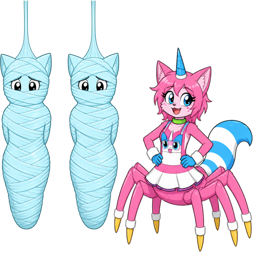wrapped up and mummified fully covered in a #B8FFFF spider slik cocoon shaped like anthro female cat anthro worried arms behind back with #B8FFFF spider slik wrappings completely covered with thick layers non-transparent #B8FFFF spider slik wrappings hanged to the ceiling on the left side next to wrapped up and mummified fully covered in a #B8FFFF spider slik cocoon shaped like anthro female cat anthro worried arms behind back with #B8FFFF spider slik wrappings completely covered with thick layers non-transparent #B8FFFF spider slik wrappings hanged to the ceiling the left side next to happy anthro femboy pink cat drider with blue and white tail white wrists blue hands white ankles yellow tips on spider legs green collar blue unicorn horn wearing femboy clothing based on unikitty