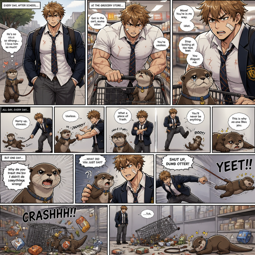 A Lifelike and Detailed Comic book story about of a Bulky and Beefy and every Muscle is bigger than average and less shredded or muscular with Chunky and Bulky chest and Biceps and his defined abs ANIME Cute Bara Man American 20 year old with a ROUND and BASIC facial structure and Young Adult BARA CUTE that is Peach Toned skin not anything else MALE not to detailed With bigger than average Pecs that are visible through the shirt and Biceps but slim and Athletic Lower body that makes have a V-Tapper Lower Body and a big Bandaid on his nose and Left Cheek and Right Eye brow with Scars all over his Chest and arms. Wearing a no piercings Wearing a baggy School Uniform and tie with Blazar and Pants and yellowish Brown Hair and Bright Light Brown fluffy Hair and Strait with brown eyes and black eyebrows with a Three finger Slash on his Eyebrow. With no Facial Hair. Coming home from School with his Pet Otter that has a Collar and has a Huge Crush on him but he doesn’t like the otter back, at the grocery store with the leash tied to the cart ans excessively Bullies it all day. And he the otter always gets disciples. And the otter one day talked back to him at the grocery store and the otter is throw at the cart and a the cart falls