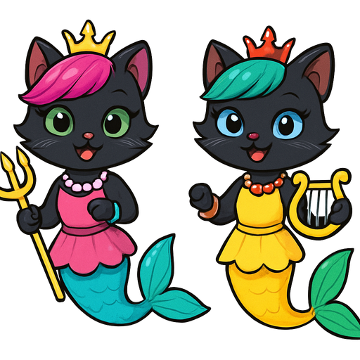 Black kitten smiling with pink hair green eyes golden crown with light purple necklace light cyan braclets pink dress with pink skirt attached to cyan mermaid tail with pink tail fins holding a golden trident black kitten smiling with green hair blue eyes red crown with light orange necklace light red braclets yellow dress with yellow skirt attached to yellow mermaid tail with green tail fins holding a golden harp