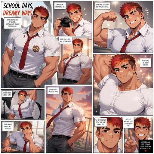 A Full page Anime Comic book story about of a masculine and Bulky ANIME Cute Bara Man American 20 year old with a ROUND and BASIC facial structure and TENAGE BARA CUTE MALE not to detailed With bigger than average Pecs that are visible through the shirt and Biceps and a big Bandaid on his nose and Left Cheek and Right Eye brow. Wearing a no piercings Modeling a School Clothes and Pants and Red Hair and Bright Orange Hair Tips and Strait is wearing a Motorcycle haircut with brown eyes and black eyebrows. Taking Hot, Dreamy and Attractive Photos and flexing