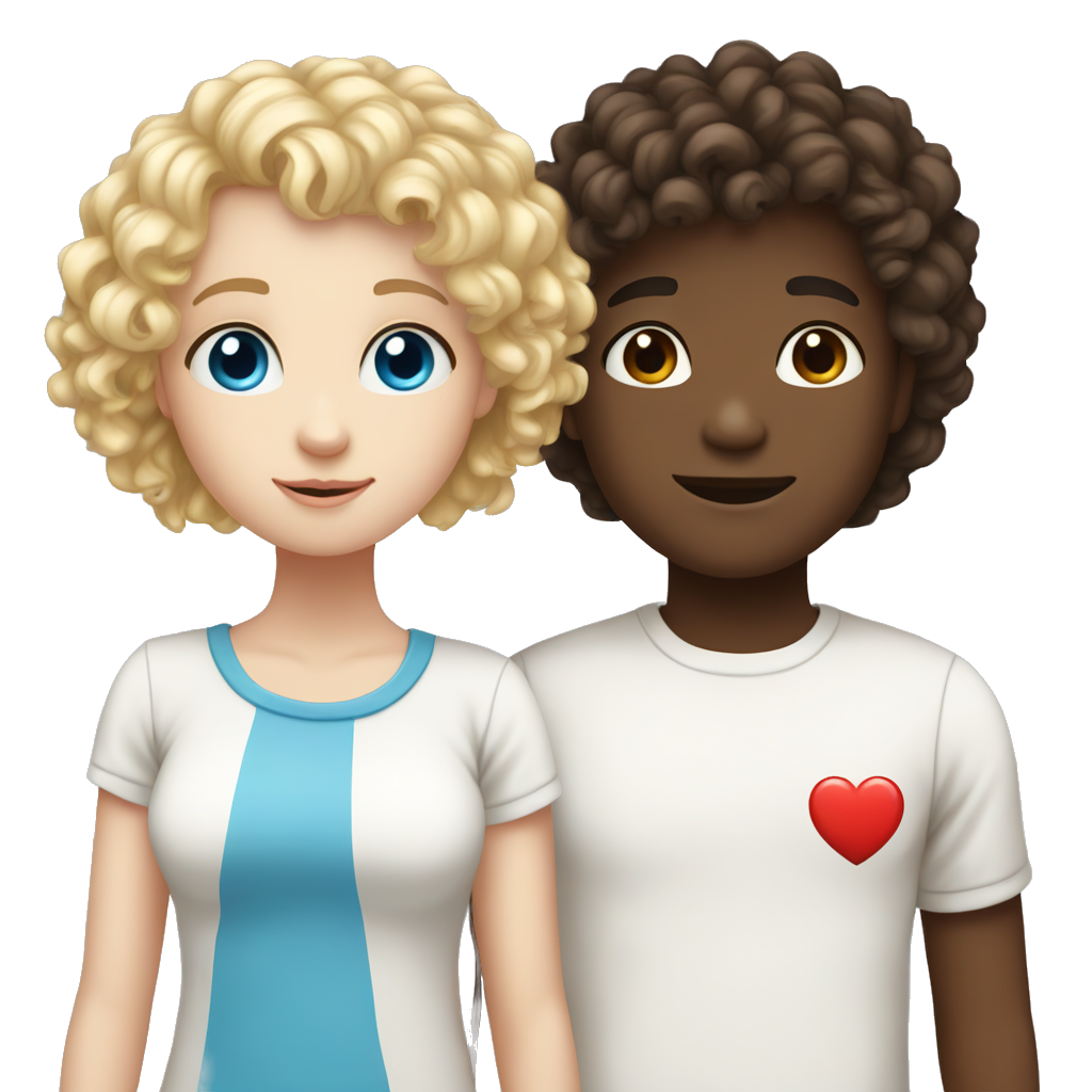 Girl : White Skin, blonde Curly hair Boy : white Skin, tall, dark brown straight hair, Blue eyes Position: Standing next to each other With a Heart above them