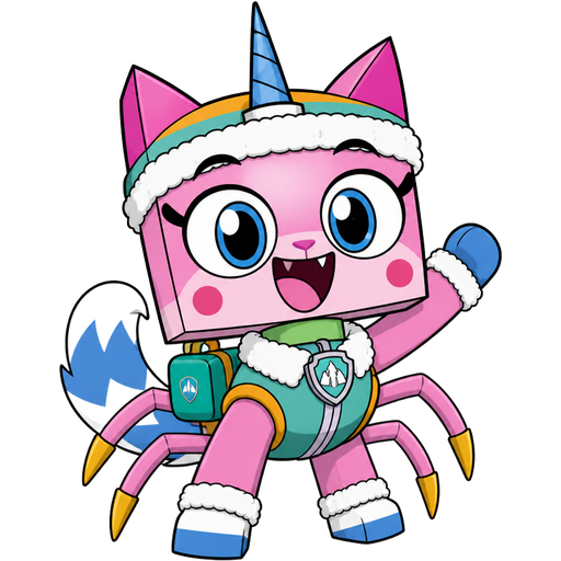 happy pink cat with blue and white tail white wrists blue hands white ankles yellow tips on spider legs green collar blue unicorn horn based on unikitty wearing everest's hat and everest's clothing with everest's backpack