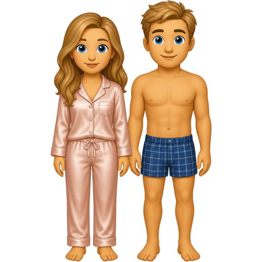 Make an emoji with a man and a woman who have sandy brown hair and blue eyes the woman is wearing silk pjs and the man is wearing boxers