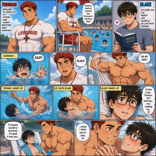A Comic book story of a Bulky and muscular ANIME Cute Bara Man Who looks Normal and American with a round facial Structure and Basic facial structure With Big Pecs and Biceps and Bandaid on his nose. Wearing a Lifeguard White shirt and Shorts with Scarlet hair And his name is Thomas is Bulky with a Perfect Physique. and then there is Blake he is a Nerd with glasses and is in love with Thomas. Thomas is in the lifeguard chair watching everyone have a good time in the pool and then Blake starts to drown so then Thomas takes off his shirt and jumps into the pool it saves Blake. Blake finally wakes up and immediately starts to blush after seeing the fact that Thomas is holding him and shirtless. And then Thomas lays Blake on a chair and Thomas says “If anyone would’ve drowned, I’m glad It was you cause I think you’re cute” and Blake smiles and hold Thomas’ hand