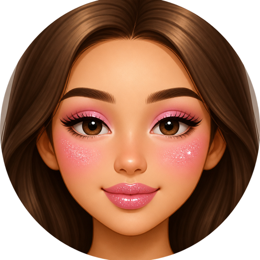Pink blush with glitter on the cheeks and for lips glossy glitter lips and eyelashes small and eyeshadow elegant pink