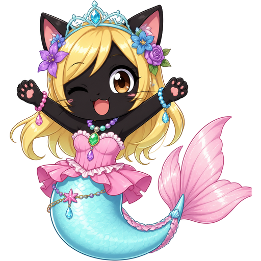 black cat with light yellow hair purple and blue flowers light cyan crown purple and green necklace pink and blue bracelets pink dress attached to long light cyan mermaid tail with pink tail fins based on happy ( Fairy Tail)
