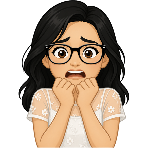 very light tan woman with black hair and glasses wearing a summer illusion top short sleeves being afraid