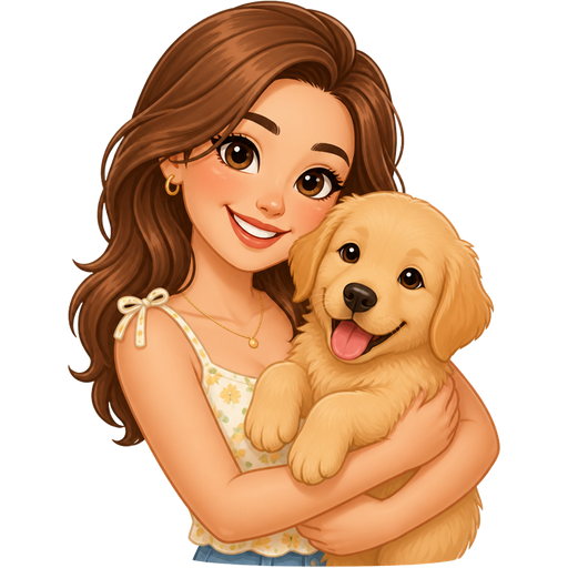 light skin woman with chestnut brown hair wearing a summer top holding a Golden Retriever puppy in her arms