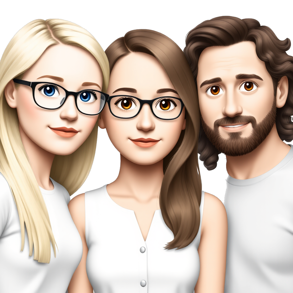 1 white girl with blonde hair with blue eyes and glasses, 1 white girl with long brown curly hair and brown eyes, with 1 young white guy with short dark brown hair and facial hair and blue eyes