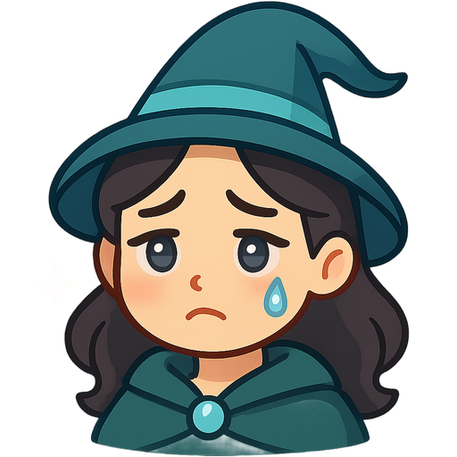 cute magical mom emoji, soft sad eyes, single delicate teardrop, warm comforting glow, very expressive, light beige skin, dark hair, grey-blue eyes, deep green and sky blue accents, subtle red tones, gentle yellow sparkles, no yellow skin, transparent background, emoji style