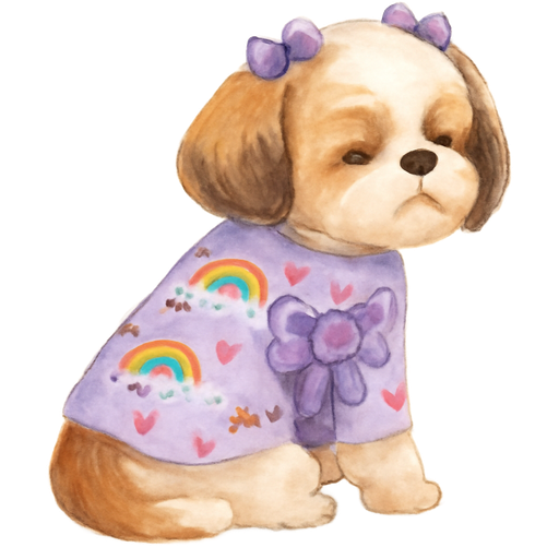 Hazme una perrita shih Tzu sentada en perspectiva de lado con pelaje blanco con café, monitos en la cabeza lila, orejas cafés claras y en la punta café oscuras, con un vestido lila pastel que tenga estampado de arcoíris con nubes al final chiquitos y poquitos corazones rosados en todo el vestido y en la cintura un mono morado que tenga los ojitos cerrados y las orejas y los bigotes corridos como por el viento y la boca con cara de molestia por el viento