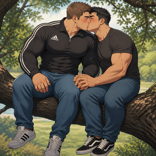A Real life Full Body anime comic book view of a Chunky but Muscular and more Muscle than Fat ANIME Cute Bara Man Who looks Normal and American with a round facial Structure and Basic facial structure With Puffy and Big Pecs that are visible through the shirt and Biceps and Bandaid on his nose. Wearing an Adidas Soccer Quarter Zip and Jeans. Both Siting on tree with his Crush blushing Both blushing and puts his hand on his and then kiss