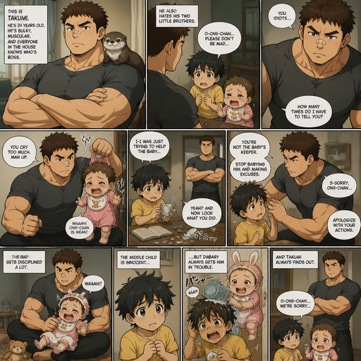 A DETAILED AND LIFELIKE LONG Anime Comic Book story view of a Bulky but Muscular ANIME Cute Bara Man With Peach toned skin Who looks Normal aind round facial Structure and Basic facial structure With Puffy and Big Pecs that are visible through the shirt and Biceps and Bandaid on his nose and Brown short hair that makes them look tough. Wearing normal With his pet Grown and healthy realistic otter and 2 little brothers that are in different ages but young. Him and he hates both of them and they’re both scared of him and he disciplines the baby with cute clothes on a lot And the middle child who is innocent, and DaBaby always gets him in trouble