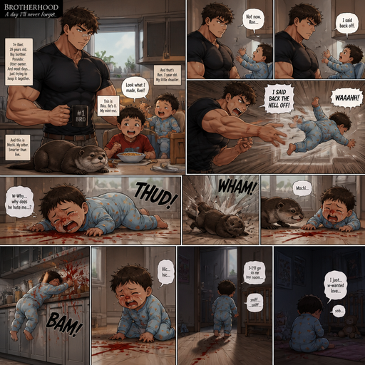 A DETAILED AND LIFELIKE LONG Anime Comic Book story view of a Bulky but Muscular ANIME Cute Bara Man With Peach toned skin Who looks Normal aind round facial Structure and Basic facial structure With Puffy and Big Pecs that are visible through the shirt and Biceps and Bandaid on his nose and Brown short hair that makes them look tough. Wearing normal With his pet Grown and healthy realistic otter and 2 little brothers that are in different ages but young. he hates the baby but not the other brother and the baby flies to the floor from him, and red comes from the baby’s nose and all around the floor with cute pajamas and the baby knows he doesn’t like him. and the otter gets sad, but the otter flies to the wall too from him and lays there and weakly crawl to the baby and they lay together and the newborn baby is scared and the baby flies at the cabinets in the kitchen and then is on his knees on the floor and the baby waddles to his room, crying