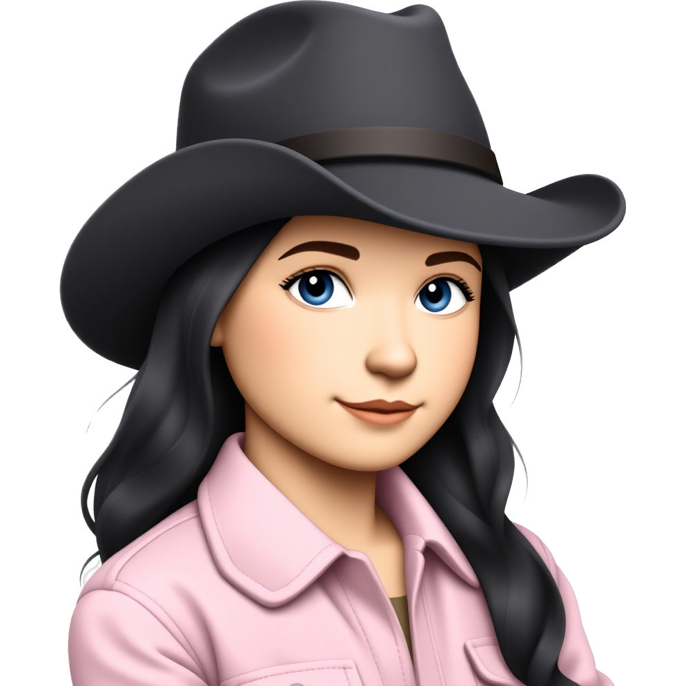 A girl with long black wavy hair, eyelashes, blue eyes, sand skin tone, and a black cowboy hat with a light pink flannel shirt
