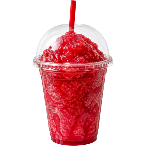 Raspberry Iced Tea Shaved Ice Slushie in a Plastic Cup and Plastic Dome Lid with a Straw Mixed in with Extra Syrup