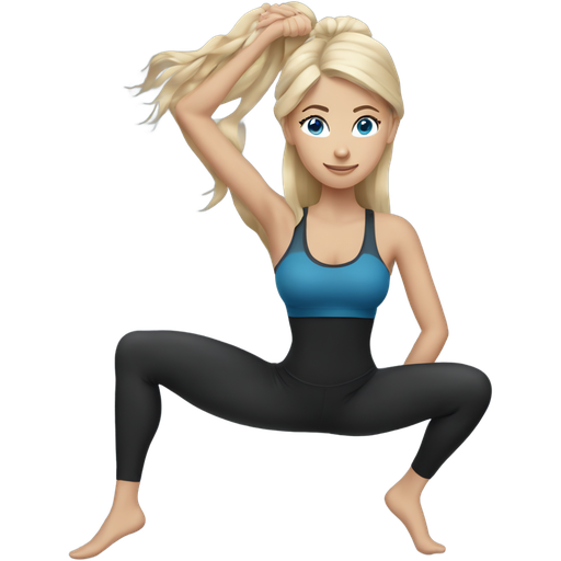 woman with flexible long blond hair blue eyes doing pilates with sports band hand in black top and leggings