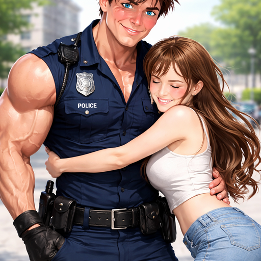 A Real life Full Body Image of a Hunky and Muscular, Handsome and Masculine Police officer with Brown Spiked hair and Blue eyes and with Chunky Arms and Pecs. Wearing A Sleeveless button up Police Uniform. With face all Blushing hard. With a girl Hugging him