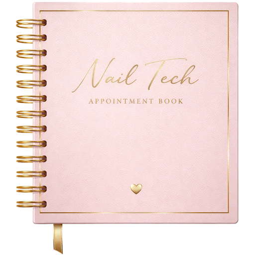 Luxury nail tech appointment book, soft pastel pink cover with polished metallic gold accents, elegant modern design with minimal aesthetic, subtle texture on the cover, high-end branding style, front cover featuring delicate typography or simple layout, ultra realistic texture, soft reflections and gentle highlights