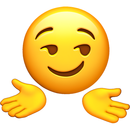 Yellow face smirking with two hands face up one hand is higher than the other with the fingers pointed towards me one hand is lower than the other hand
