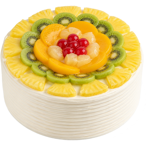 Whole Tropical Fruit Cake with Vanilla Butter Cream Frosting on the Outside and Slices of Tropical Fruit on Top