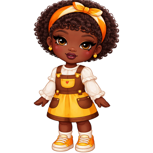 Candy Corn with a Ultra Deep Skin Tone and Heavy Lower Lip Shape with a Dark Plum Purple Matte Lipstick with a Soft Golden Palette Eyeshadow and a Thin Eyebrow with a Upturned Eye Shape and a Round Face Shape With Short Curly Afro-Textured Hair Including Bangs Wearing a Orange and Yellow Headband with Brown Eyes Wearing a White Long Sleeve Shirt With Ruffles Going around the sleeves Wearing Brown Overalls With Orange Straps and White Buttons With a Yellow Pocket on the Top of the Overalls and The Skirt is Yellow with Brown Pockets and a Brown Trimming with Two White Buttons on the Top of the Shirt Wearing White Socks and Yellow Sneakers with Dark Yellow on the Sides with a Mature Adult Toned Build and a Luxury Glow with Vivid and Distinct Features