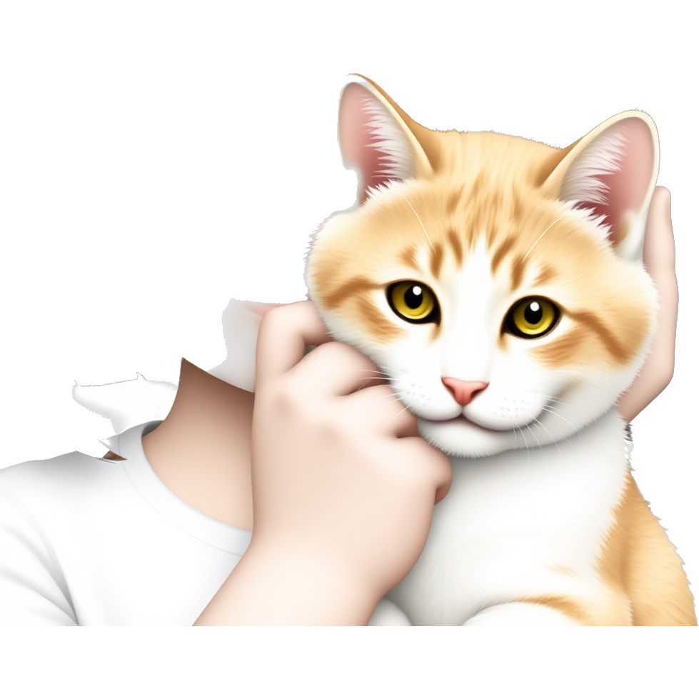 A girl with a long brown bob and white skin, holding a white and ginger cat. The girl presses the cat against her face so that it hides half of her face