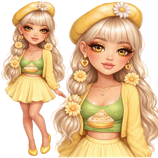 Lemon Meringue with a Fair-Light Warm Vanilla Skin Tone and a Down-Turned Lip Shape Moving into a Supernova Eyelash Set Up and a Starry Eyed Lipstick Finish with a Ombré Yellow and Orange Eyeshadow with a High-Tail Arch Eyebrow and a Round Eye Shape Wearing a Yellow Beret with a Flower on the Top With a Bright Platinum Blonde Hair and bangs with a Half up Hair-Style adding Bubble Braids and Yellow Sunflower Clip Scrunchies Wearing a Short Crop Yellow Long Sleeve Cardigan with a Green Double Layered Crop Top and a Lemon Meringue Pie on Top of it and a Yellow Flowy Skirt and Yellow Flats with an Mature Adult Toned Build and Luxury Glossy