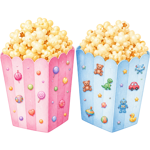 Two box of Popcorn,one box is pink and have very tiny candies on it.one is light blue and with very tiny toys on it.