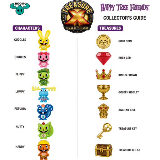 moose toys treasure x happy tree friends collectors guide characters names on left and all treasures names on right