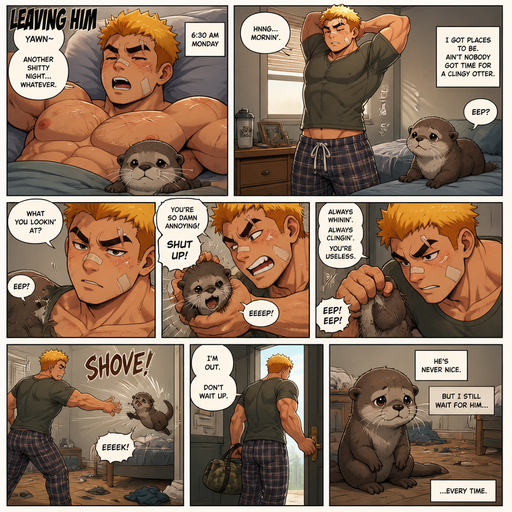 A Lifelike and detailed Full page Anime Comic book story about of a Bulky ANIME Cute Bara Man American 20 year old with a ROUND and BASIC facial structure and Young Adult BARA CUTE that is Peach Toned skin not anything else MALE not to detailed With bigger than average Pecs that are visible through the shirt and Biceps and a big Bandaid on his nose and Left Cheek and Right Eye brow with Scars all over his Chest and arms. Wearing a Tight Military Green Top that is tight around the waist and Baggy Camo Cargo pants drenched in sweat and Short and yellowish orange Hair and Bright Gold Fluffy Hair and Strait with brown eyes and black eyebrows with a Three finger Slash on his Eyebrow. With no Facial Hair. Waking up in the morning in pajamas and his PET BABY OTTER but excessively bully’s it and Leaves him