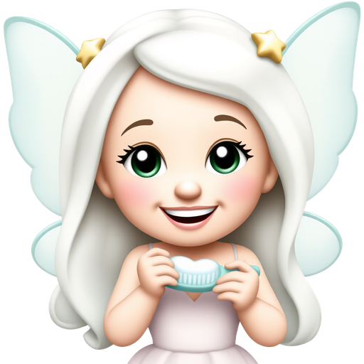A pastel-hued fairy with shimmering wings and twinkling star motifs on her flowing hair is brushing her pearly white teeth with a cute, heart-shaped toothbrush. Her big, glistening eyes and long, fluttery lashes are accented with soft pink blush and mint green sparkles, radiating a whimsical charm. π§ββοΈβ¨π
