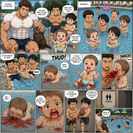 A DETAILED AND LIFELIKE long Anime Comic Book story view of a Bulky but Muscular ANIME Cute Bara Man With Peach toned skin Who looks Normal aind round facial Structure and Basic facial structure With Puffy and Big Pecs that are visible through the shirt and Biceps and Bandaid on his nose and Brown short hair that makes them look tough. Wearing normal With his pet Grown and healthy realistic otter and 2 little brothers and baby that has A Cute swims that are in different ages but young. At the pool And they think the baby is beneath them and the baby has fun with his Baby friends then the baby flys to the floor from one of the brothers and red comes from the baby’s nose and is on the shallow water and stained a shirt. and the baby looks up at the brothers and tears filled his eyes and he proudly tells them that he thinks they‘re just jealous of his swimsuit. And the baby’s face jerks to the left from him and a lot red comes from his mouth and His nose and his head looks down and can’t gather his strength. And the red in the water scares the baby and the brother’s take the baby to the bathroom and the baby misses out