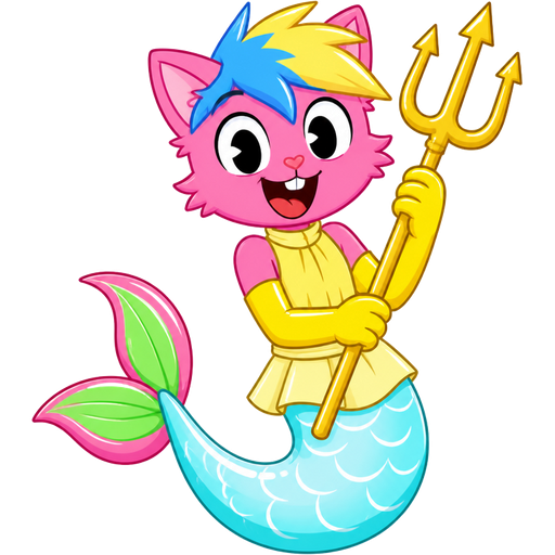 pink boy cat furry with blue and yellow hair and yellow very long rubber gloves holding a golden trident yellow dress tucked in light yellow and light cyan mermaid tail with white highlights with pink and green tail fins with pink highlights (happy tree friends)