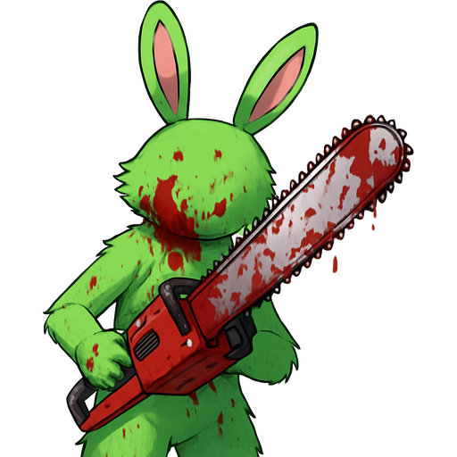 green rabbit furry with no head covered with fake blood holding a chainsaw covered with fake blood sonic x style