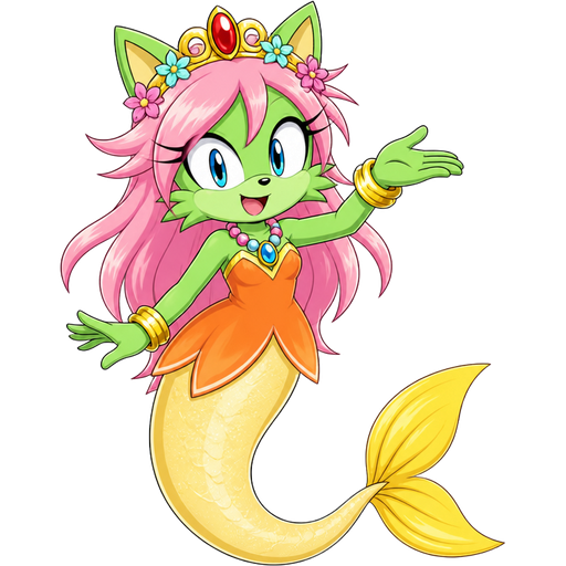 green cat with light pink hair red and flower light cyan crown pink and blue necklace golden and golden bracelets orange dress attached to long light yellow mermaid tail with yellow tail fins (sonic x)